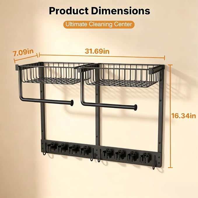 Broom Holder Wall Mount with Paper Towel Holder& Removable Anti-fall Basket | Broom and Mop Organizer Wall Mount Cleaning Supplies Organizer for Laundry Room, Apartment, Utility Room