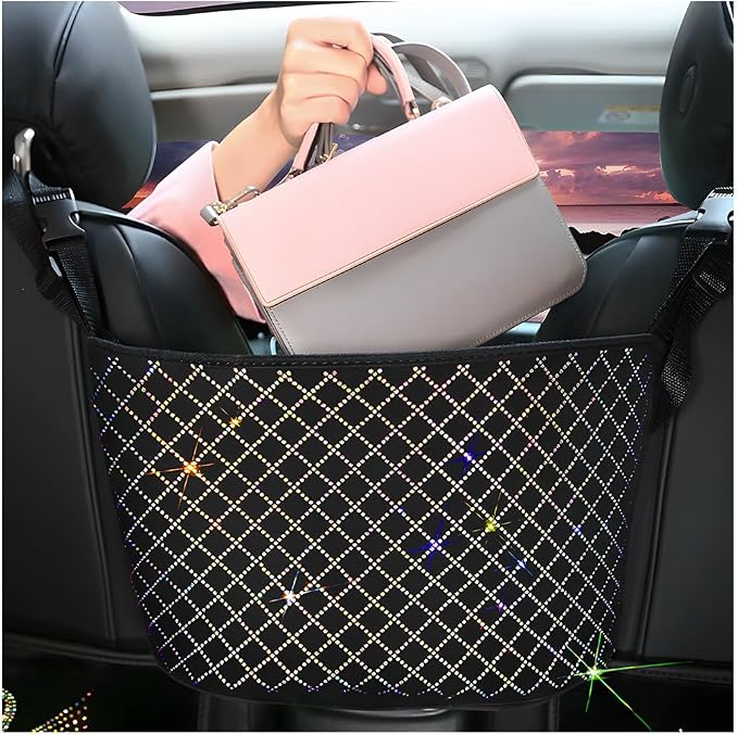 zipelo Bling Car Net Pocket Handbag Holder, Rhinestone Vehicle Backseat Purse Organizer Between Seats, Diamond Hanging Storage Bag Barrier of Pet Kids, Universal Automotive Accessories (Multicolor)
