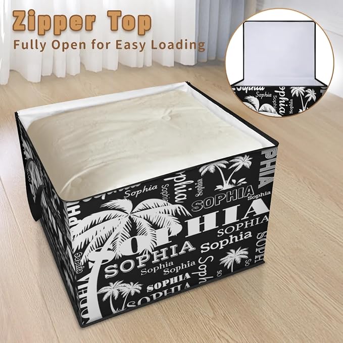 Personalized Extra Storage Bins with Lid, Customized Name Tropical Palm Tree Black Storage Basket Rectangle Clothes Organizer for Organizing Kids Toys Shelf Closet
