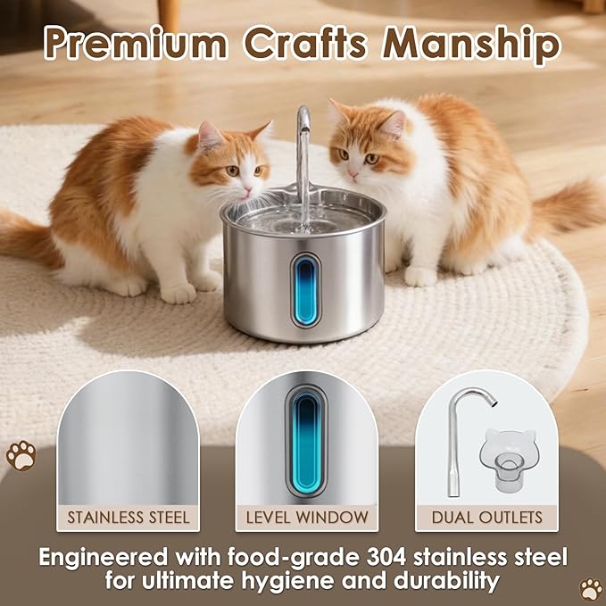 Stainless Steel Cat Water Fountain, 74oz/2.2L Automatic Pet Water Dispenser with 3 Filters & 2 Water Outlets, Quiet Indoor Drinking Fountain for Cats Small Dogs, Water Level Window