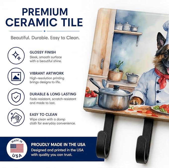 Caroline's Treasures Belgian Tervuren The Chef Leash or Key Holder Wall Hooks, Key Hooks Holder, Coat Rack Wall Mount, Coat Hooks, Hooks for Hanging Keys, Towels, Aprons, Leashes | Belgian Tervuren The Chef artwork on ceramic tile with three steel hook...