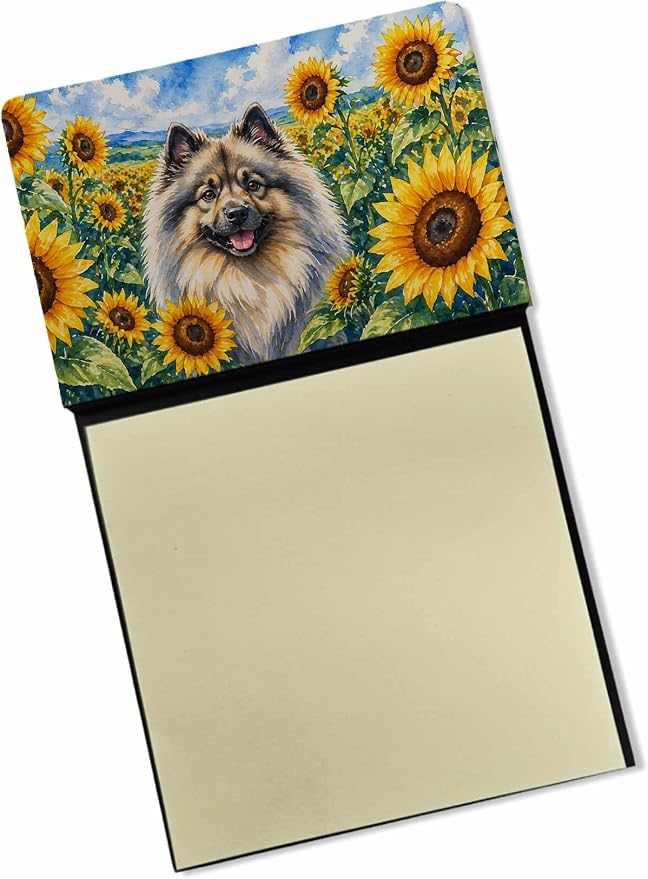 Caroline's Treasures Keeshond in Sunflowers Watercolor Sticky Note Holder Refillable Dispenser Desk Accessory 3x3 Pad Gift