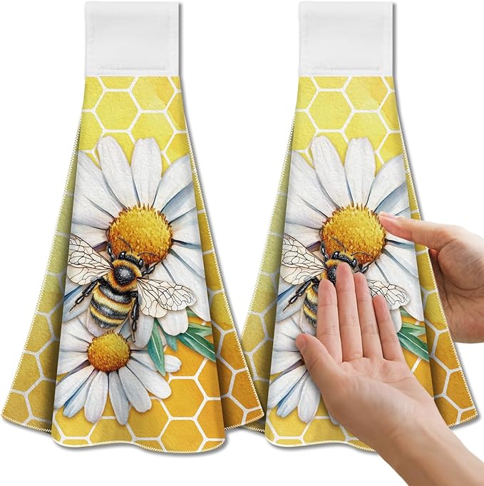 CUTHOLLOW Bee and Daisy Hanging Kitchen Towels with Loop, Set of 2 - Soft & Super Absorbent Microfiber Decorative Hanging Dish & Hand Towel, Tea, Coffee Towel for Kitchen Bathroom Oven Handle