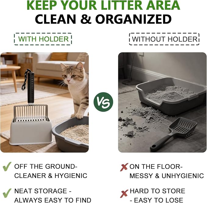 [2026 Version]18/8 Stainless Steel Cat Litter Scoop-Efficient Metal Cat Litter Scooper with Holder, Heavy Duty Litter Sifter, Pooper Scooper Kitty Litter Box-Cat Scooper for Litter Box Cleaning