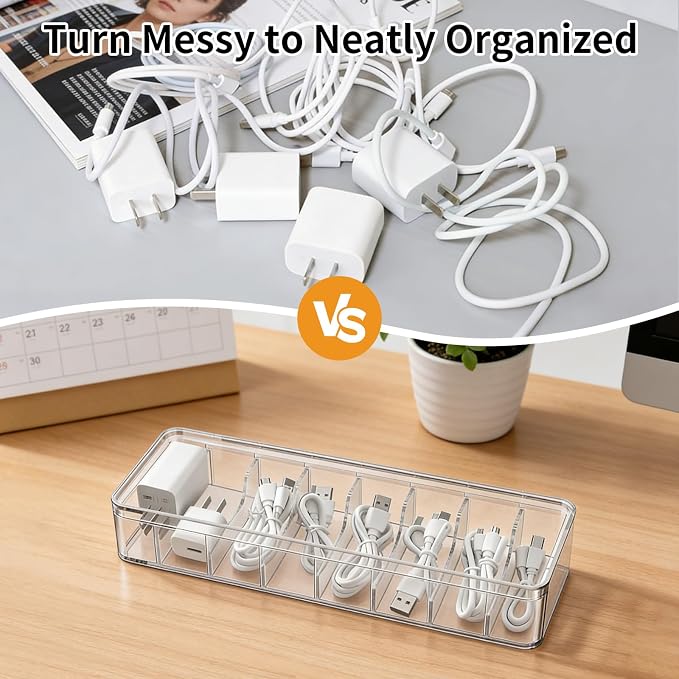 2 Pack Cable Organizer Box with Lid - Stackable Charger Cord Storage Organizer with 20 Wire Ties - Adjustable Compartments Phone Cables Wire Management Box for Drawer Desk Office Home Accessories