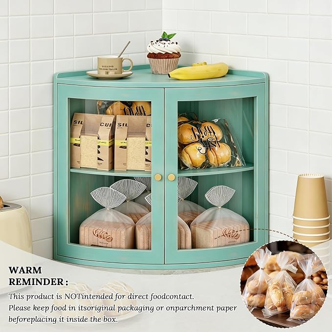 Trironsun Fan Shape Corner Bread Box for Kitchen Counter Double Layer Large Bread Storage Container with Acrylic Doors Farmhouse Wooden Bread Box Organizer for Homemade Bread (Antique Blue)