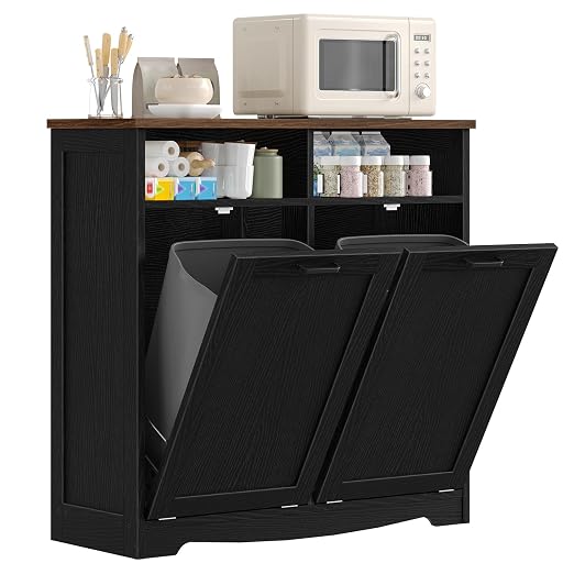 HOOBRO Double Tilt Out Trash Can Cabinet, 20 Gallon Kitchen Trash Bin Cabinet, Hidden Trash Storage with Open Compartments, Hidden Laundry Hamper, for Kitchen, Laundry, Black and Walnut BH04LJ01