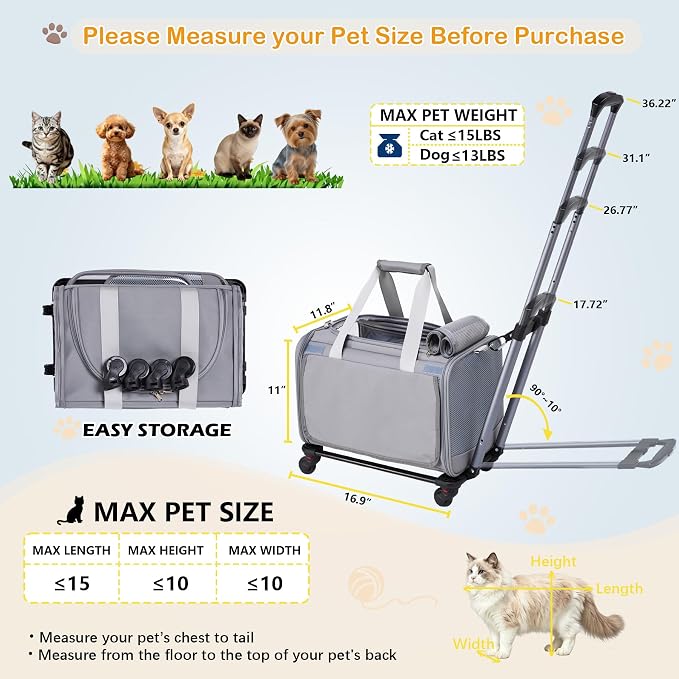 Soft Cat Carrier with Detachable Wheels Expandable - Dog Carrier Foldable Pet Carrier for Cats and Dogs for Travel Outdoor Camping Indoor