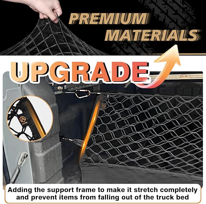Muslogy Cargo Net for Nissan Frontier 2022-2025 2026 (Extra Support Frame) | Custom Fit, Truck Bed Storage Organizer Net for Pickup Truck Bed Divider, Heavy Duty Carabiners, Night Visible Grab Handle
