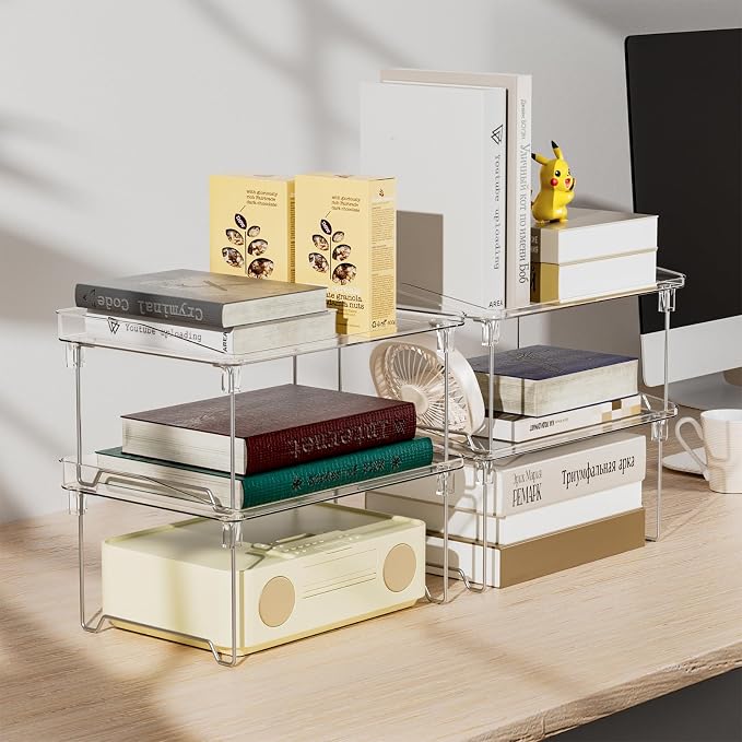 STARLATTA Acrylic Cabinet Organizer Shelf,4 Pcs Stackable Kitchen Counter Shelves,Spice Rack,Countertop Organizers,Clear Plastic Storage Organization for Makeup，Bathroom,Cupboard,Desk,Pantry