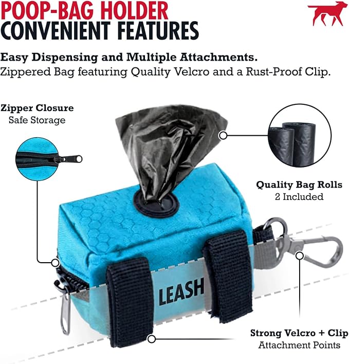 Tuff Pupper Dog Poop Bag Holder | Works with Any Dog Leash | Zippered Waste Bag Dispenser | Waterproof with Rust-Proof Clip | Convenient Lightweight Design | Includes 2 Rolls of Leak-Proof Bags