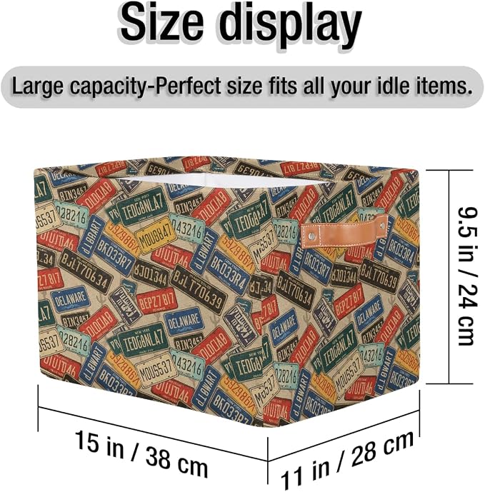 SEULIFE Vintage Car Number Plates Foldable Storage Basket, Large Collapsible Organizer Storage Bin Cube Toys Storage Boxes with Handles for Bathroom Kids Nursery Closet Storage, 1 Pack