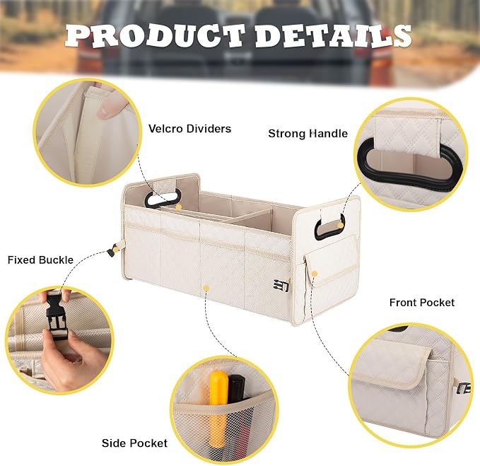 Car Trunk Organizer for SUV, Collapsible Car Storage Organizer Large Beige | Sturdy, Strong Capacity, Diamond Decor, Multi Compartment Container Box Adjustable Car Accessories for Sedan Truck