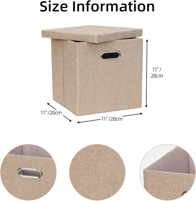 Storage Bins with Lids, Linen Fabric Boxes Organizer Containers with Lid Foldable Storage Box Basket for Closet, Shelves, Home, Office, 12 x 12 x 12 Inch, 4 Pack, Khaki, AG3006-7