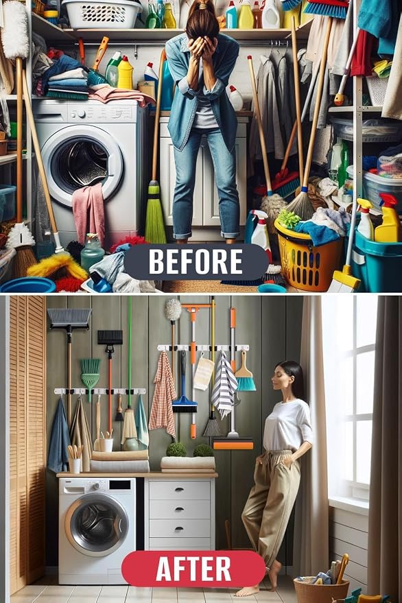 The Good Stuff Compact Mop and Broom Holder Wall Mount – Stainless Steel Organizer with 3 Racks and 2 Hooks – Rust-Resistant, Space-Saving Tool Hanger for Closet, Kitchen, Garage, or RV