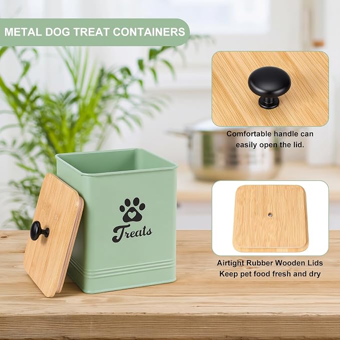 Dog Treat Container Airtight, 5.7"W x 6.7"H Iron Pet Treat Jar with Bamboo Lid, 12 Cup Food Storage Canister for Kitchen Counter, Decorative Pet Cookie Jar for Dog Snacks Kibble,Saga Green