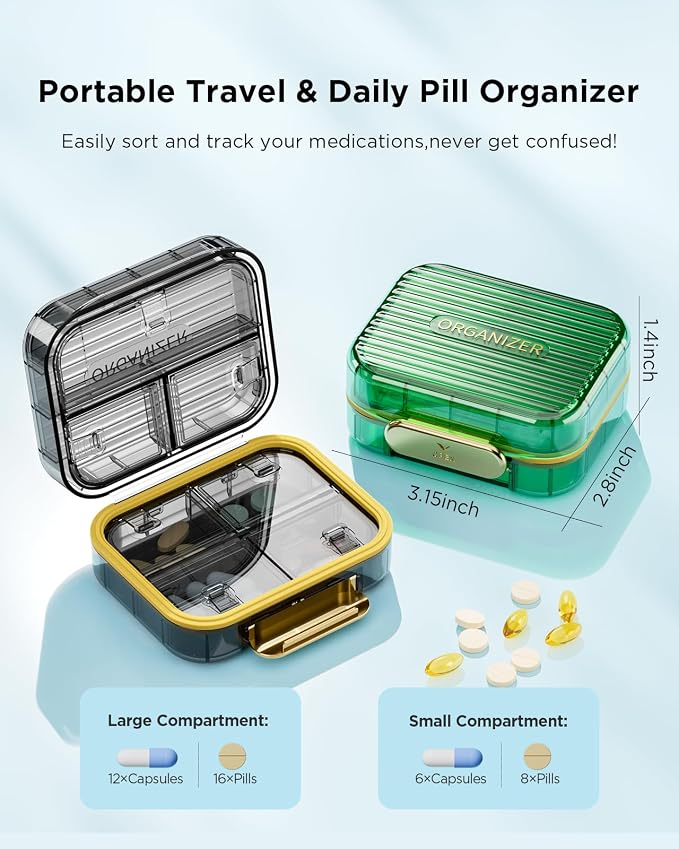 Acedada Travel Pill Case, Small Pill Box for Purse, Black | Portable Daily Pill Container, Compact Moistureproof 7 Compartments Pill Organizer, Medicine Holder for Vitamins Fish Oils