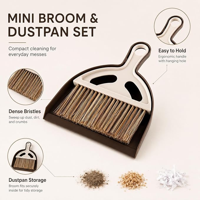 Mini Keyboard Cleaning Brush Set, Lightweight Plastic Broom and Dustpan, # A | Portable Desktop Broom Kit with Hook for Storage, for Computer Keyboard and Pet Cleaning Supplies