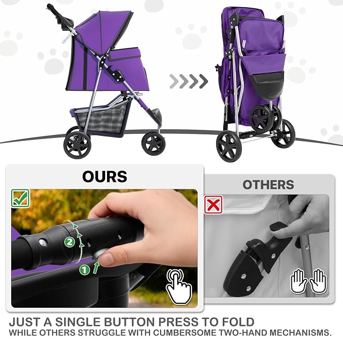 MoNiBloom Pet Stroller for Small/Medium Dogs and Cats up to 33 lbs, Purple | Foldable Dog Stroller 3 Wheels Pet Strolling Cart w/ Storage Basket Cup Holder, Breathable and Visible Mesh for All-Season