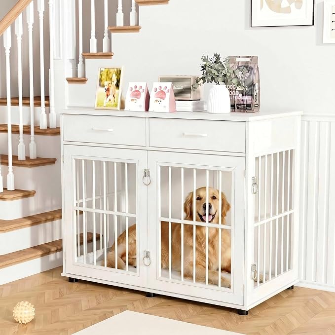 VOWNER 43.3" Large Dog Crate Furniture with 2 Drawers, White | Wooden Dog Kennel Furniture End Table with 3 Doors, XL Dog Kennel Indoor with Storage, Dog Cage TV Stand for Large Medium Dog