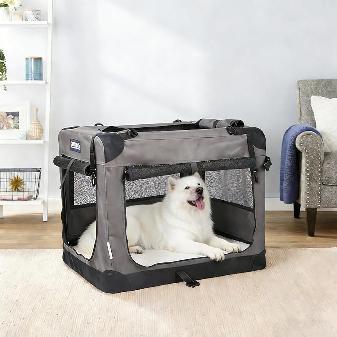 Jespet 3 Door Soft Dog Crates Kennel for Pets, Folding Travel Pet Carrier | 3 Mesh Doors 36'' Dog House, Locking Zipper, Easy to Install, Steel Frame, Removable Crate Pad, For Indoor & Outdoor Use