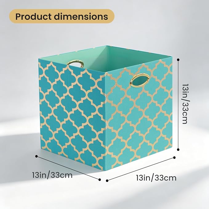 Posprica 13x13x13 Storage Cube Bins, Collapsible Storage Bins Fabric Storage Cubes Organizer Baskets Box Drawers for Shelves, Closet, Wardrobe, Bookshelf, Cabinet, Sky Blue/Gold Lantern, 4 Pack