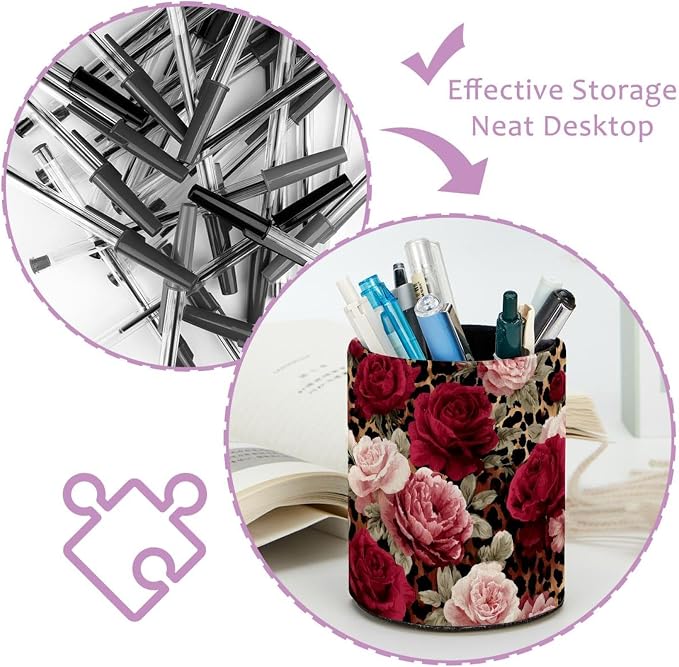 Faux Leather Pen Holder for Desk, Pencil Organizer Leopard Print and Roses Pen Cup Desk Decor Makeup Brush Holder Storage for Office Home