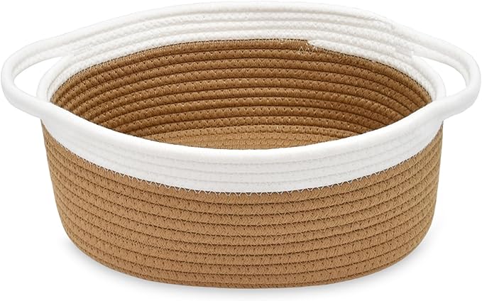 ABenkle Small Basket with Handles, Boho Decorative Rope Woven Dog Cat Toy Storage Bin Shelf Storage Organizer, Easter Christmas Gift Basket, 12"x8"x5", Brown