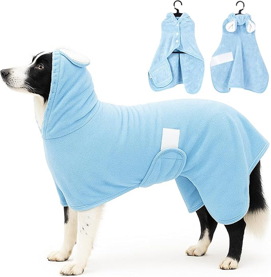 Pet Bathrobe Towel Dog Cat Drying Coat Super Absorbent Cute Dogs Bath Towel Hooded Robe Adjustable Collar & Belly Strap for XSmall to XLarge Pets (Blue, Large)
