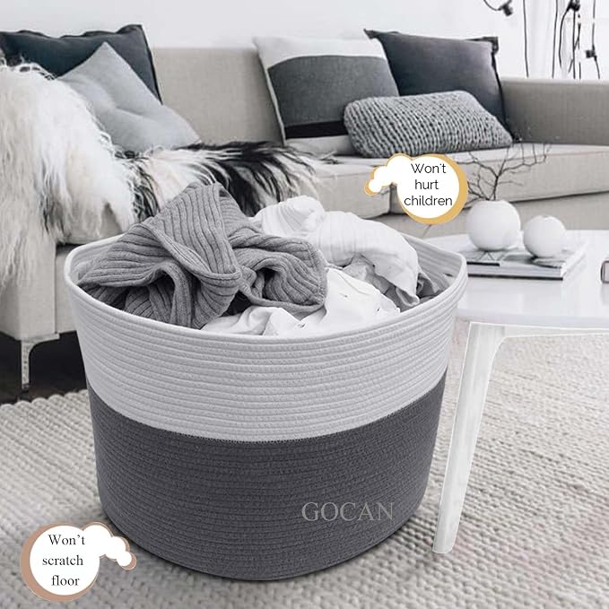 Cotton Rope Woven Laundry Basket 22"X 22"X 14" with handles(Grey/Beige)XXXL | Hand-woven, ideal for storing blankets and cushions in the living room, and clothes for household storage.