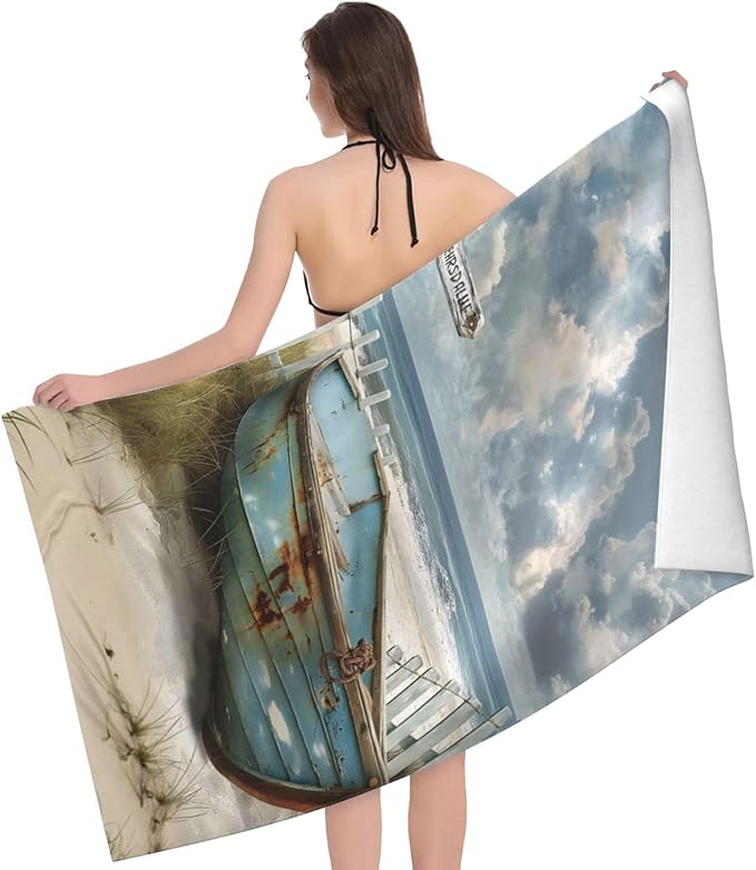 Coastal Boat Beach Towel 31inx51in, Rustic Sand-Free Microfiber Bath Towel Ultra Soft Quick Dry Pool Towel Absorbent Towel Lightweight Towel for Swimming Bathroom Decor