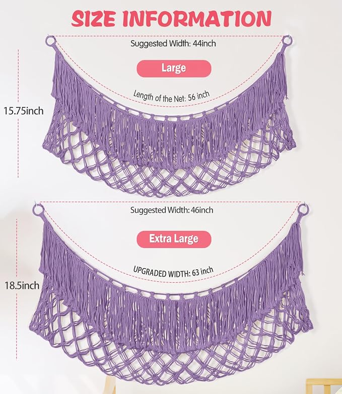 Stuffed Animal Hammock - Extra Large 63'' Long (Lavender) | Premium Cotton Hand-knitted, Beautiful Long Tassel, Storage Hanging Organizer, Can Fit Stuffed Animals 40 Piece or More