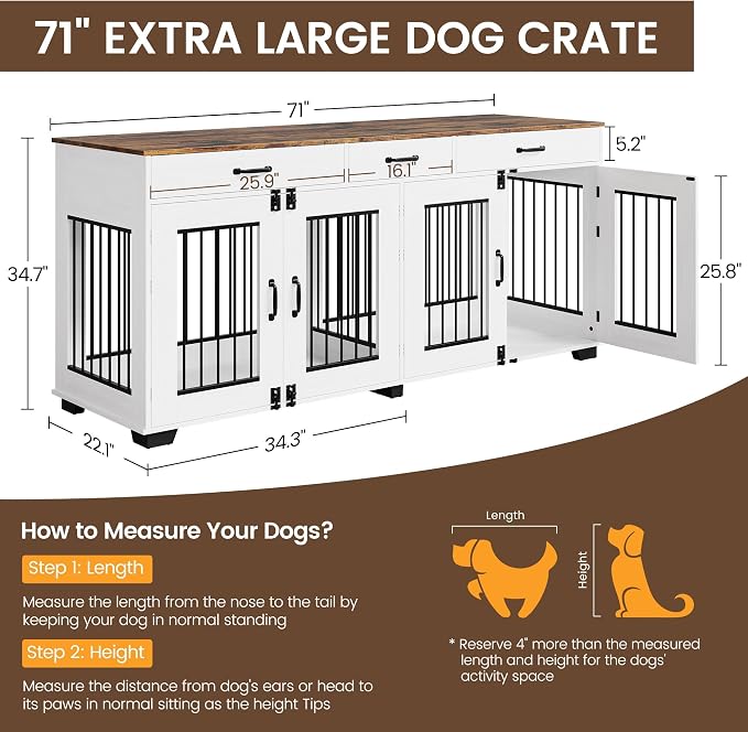 IDEALHOUSE 71-Inch Large Dog Crate with 3 Drawers for 2 Dogs, White | Dog Kennel Furniture, Large Breed Dog Crate and TV Stand for Medium-Large Dog