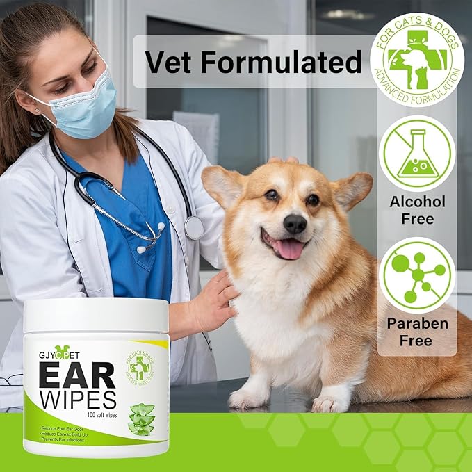 Dog Ear Wipes - Cat Dog Ear Cleaner, Puppy Ear Wipes Wash Cleaner for Dogs Cats - 100 Wipes for Dog Cat Ear Cleaning, Remove Ear Wax Dirt Debris for Dogs Cats Ear Infection Treatment Wipes