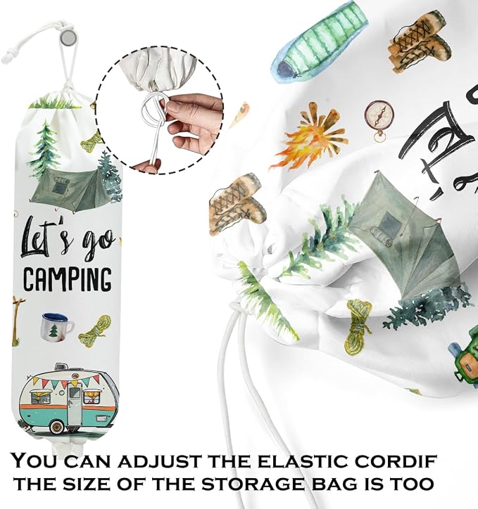 Camping Plastic Bag Holder, Wall Mount Trash Bag Holder, Tent Rv Bonfire Reusable Grocery Bags Organizer Storage Dispenser for Camp Kitchen Pantry, Camping Gifts for Women Men Camper