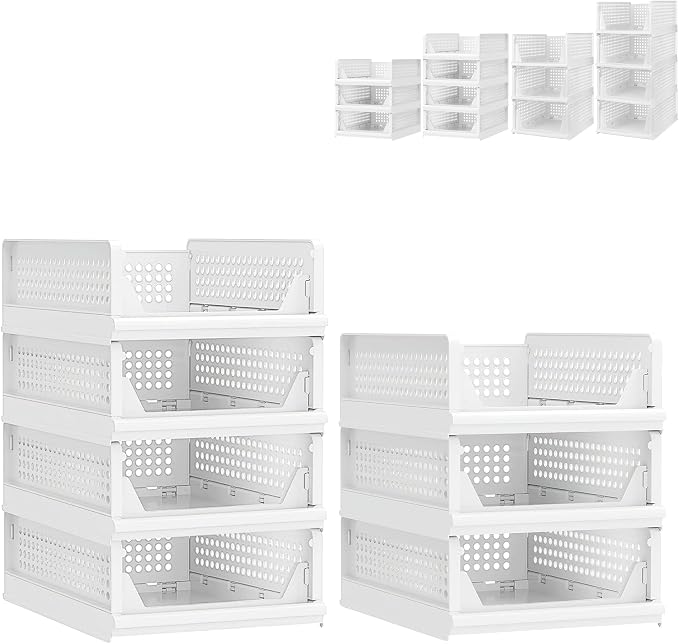 This Versatile Stackable Foldable Closet Clothing Storage with Drawer Shelves for Bedroom Kitchen Living Room Bathroom - White (4-Tier H-14cm + 3-Tier H-14cm)