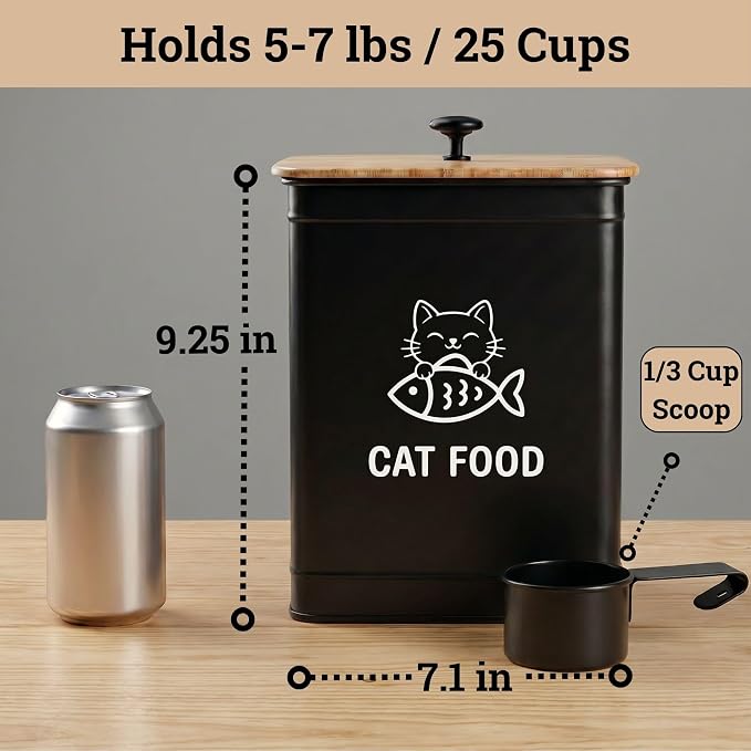 Metal Cat Food Container with Scoop 5-7 lb (25 Cup), w/ Airtight Bamboo Lid | Cat Kibble Canister with Metal Scoop, 25 Cups, Chew Proof Iron Body, Powder Coated, Airtight Bamboo Lid, Sturdy Metal Handle