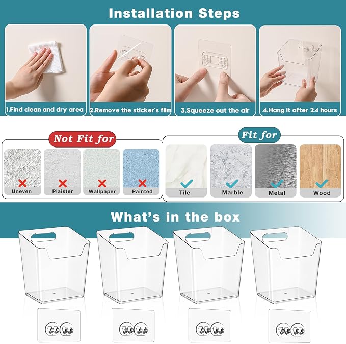 4-Pack Drink Packet Organizer, Kitchen Cabinet Door Organizer Adhesive | Acrylic Wall-Mounted Organizer, Clear Storage Bin Holder Box, Pantry Organizer Wall Caddy for K cup/Sewing Tool/Laundry Pods