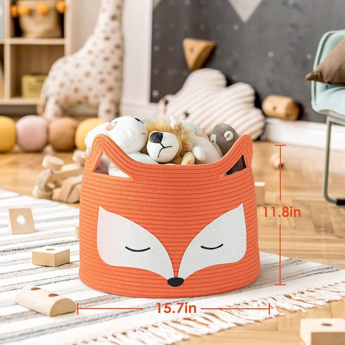 Fox Large Woven Rope Toy Basket for Home Décor, Orange | 15.7" x 11.8" Animal Toy Bin for Living Room Nursery, Baby Storage Basket for Towels, Blankets, with Sturdy Handles