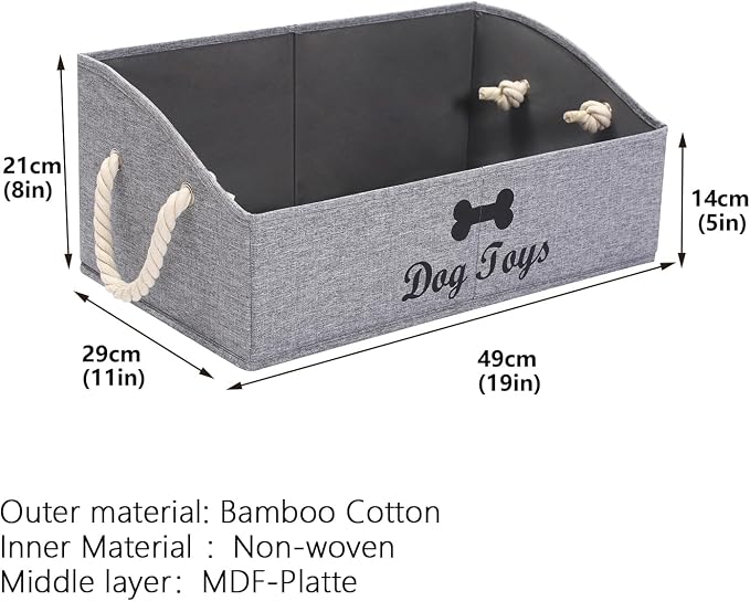 Large Dog Toys Storage Bins-Foldable Fabric Trapezoid Organizer Boxes with weave Rope Handle,Collapsible Basket for Shelves(Snow Grey-DOG)