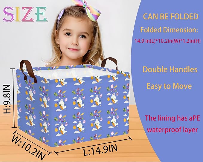 Large Rectangular Easter Baskets Empty Waterproof Boy Toy Box Foldable Kid's Gifts Storage Bin Spring Room Decor(Blue Rabbit Holding Carrot Egg)