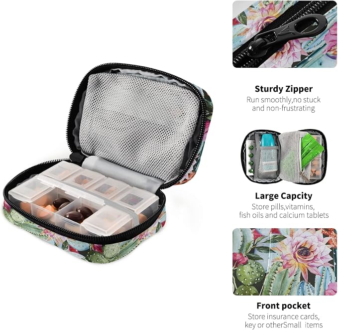 Watercolor Cactus Flower Pill Box 7 Day Pill Case Travel Pill Organizer Bag with Zipper Portable Weekly Case Compact Size for Vitamin Supplement Holder