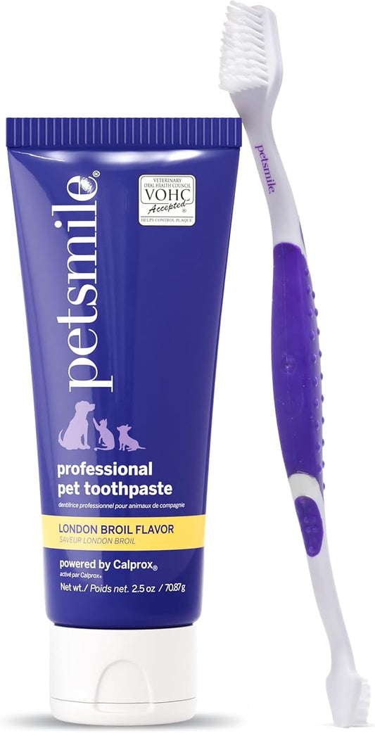 Petsmile Professional Pet Teeth Brushing Kit for Cats & Dogs - VOHC Accepted Toothpaste & Patented Toothbrush - Proven to Control Plaque & Tartar Calprox Formula (London Broil, 2.5 Oz)