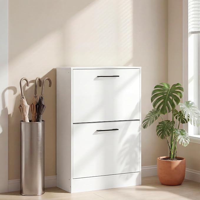 HOMCOM Shoe Cabinet with 2 Flip Drawers, up to 12 Pairs, White | Narrow Storage Cabinet, Adjustable Dividers, Entryway Shoe Storage Unit, for Hallway