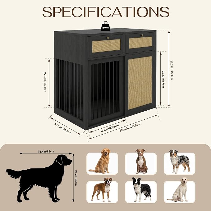 PureCozy Wooden Dog Crate Furniture, Left Unit, 40 Inch, Black Oak | Cane cabinet and metal sliding door with 2 storage drawers; furniture-style indoor kennel doubles as an end table.