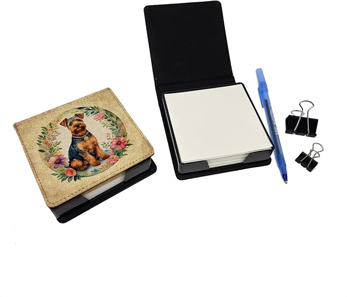 Caroline's Treasures Welsh Terrier and Flowers PU Leather Note Paper Holder with Artist-Designed Cover, Desk Accessory, Office Gift