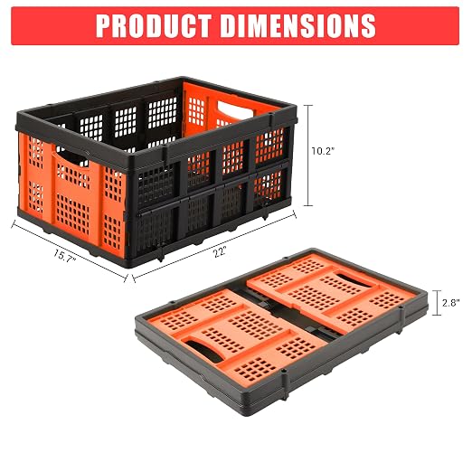Garvee Collapsible Crate, 55L Foldable Plastic Milk Storage Crate, Orange | Heavy Duty Stackable Plastic Crates Folding Storage Baskets for Groceries, Moving, Camping & Car Storage