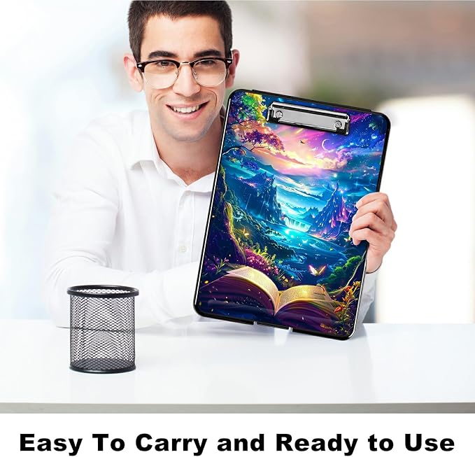 Book Mountains A4 Clipboard with Storage Pen Holder, Clipboards Organizer Nursing Clipboard Foldable File Folder Plastic Clipboard Folio Clip Board for Office Students Classroom Doctor