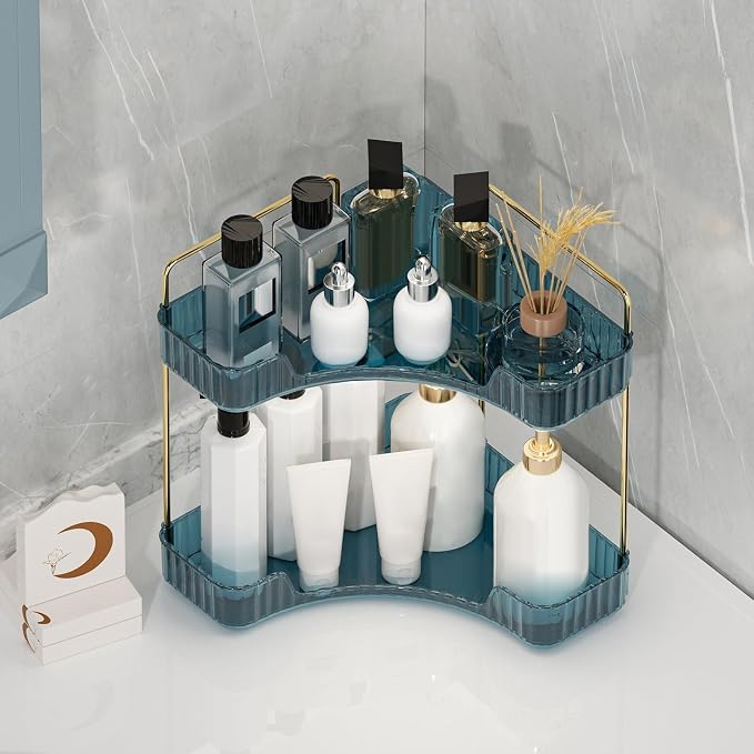 Corner Bathroom Counter Organizer Bathroom Countertop Shelf Makeup Organizer for Vanity Perfume Tray for Corner Storage (2 Tiers, Blue)