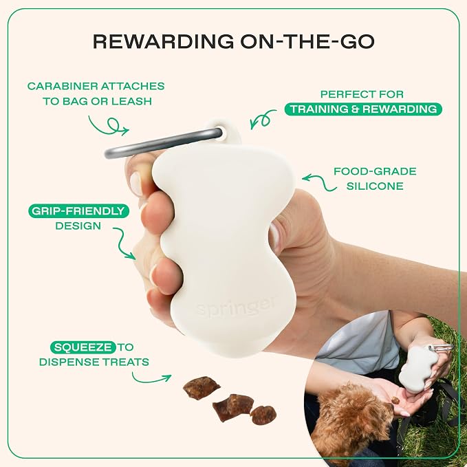 Springland Silicone Dog Training Treat Pouch for Leash, Oat | One-hand squeeze dispenser, food-grade silicone, BPA-free, carabiner included, easy-fill holder for rewards on the go